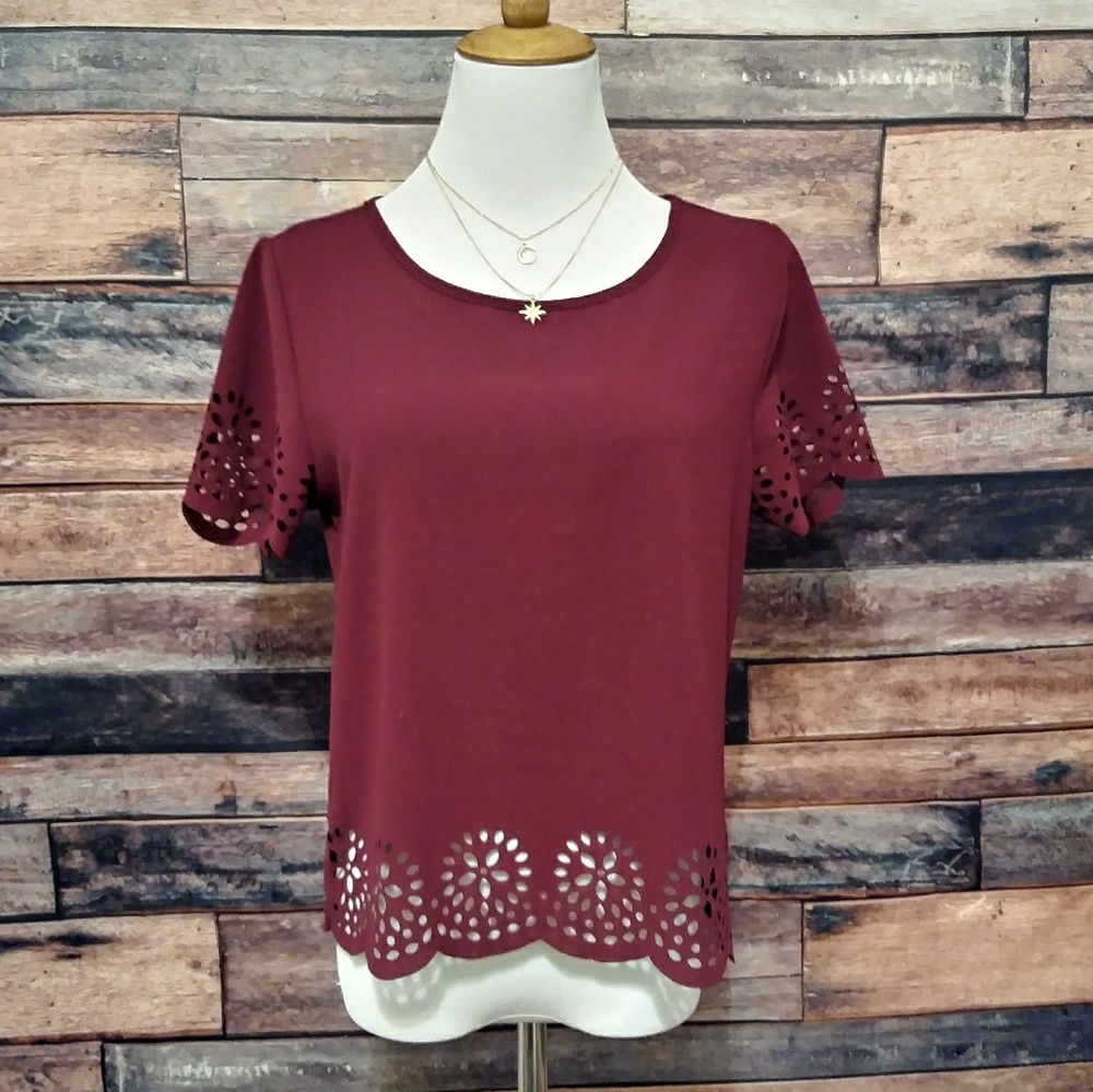 Lace floral wine colored cutout top